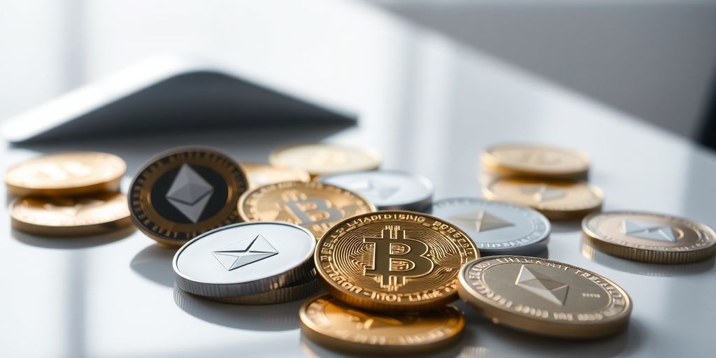 Digital coins scattered on a futuristic table.