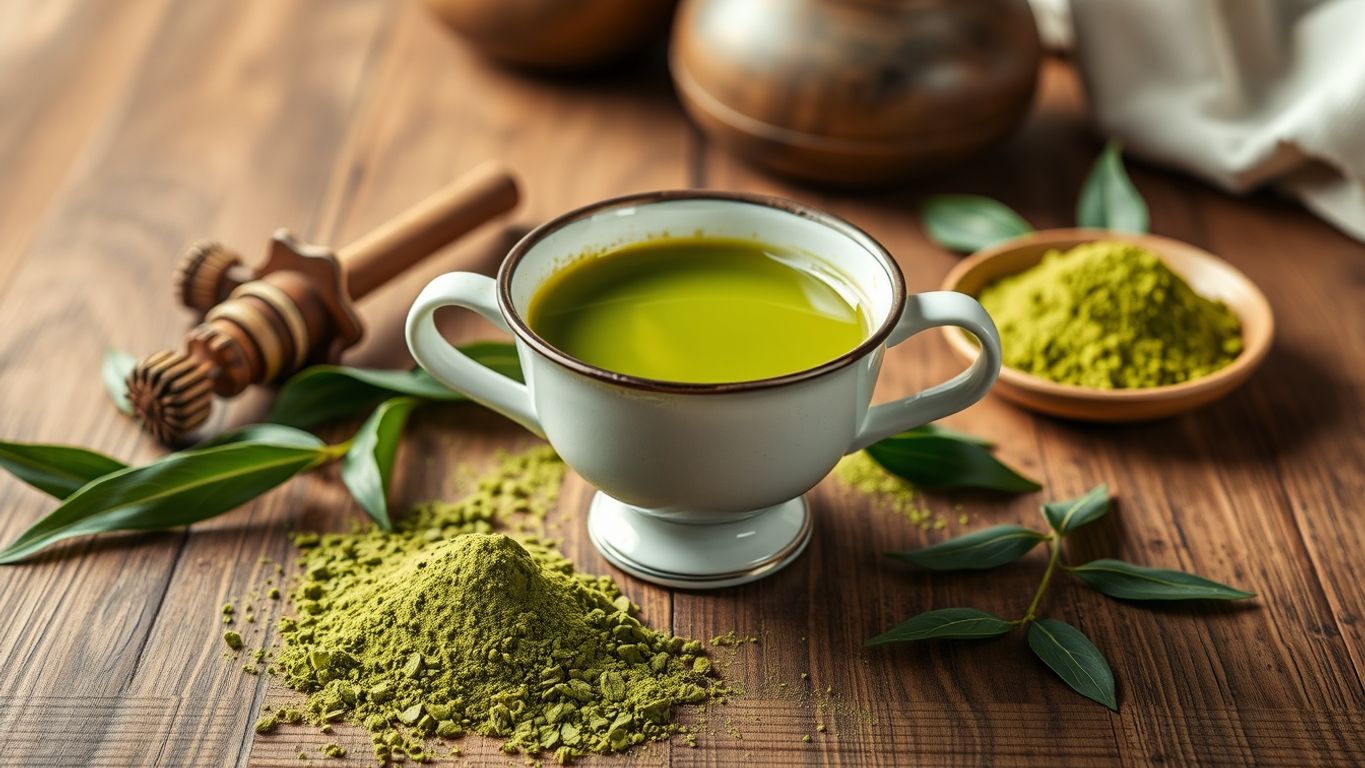 Cup of matcha tea with green tea leaves