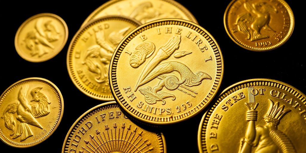 Close-up of pre-1933 gold coins on velvet background.
