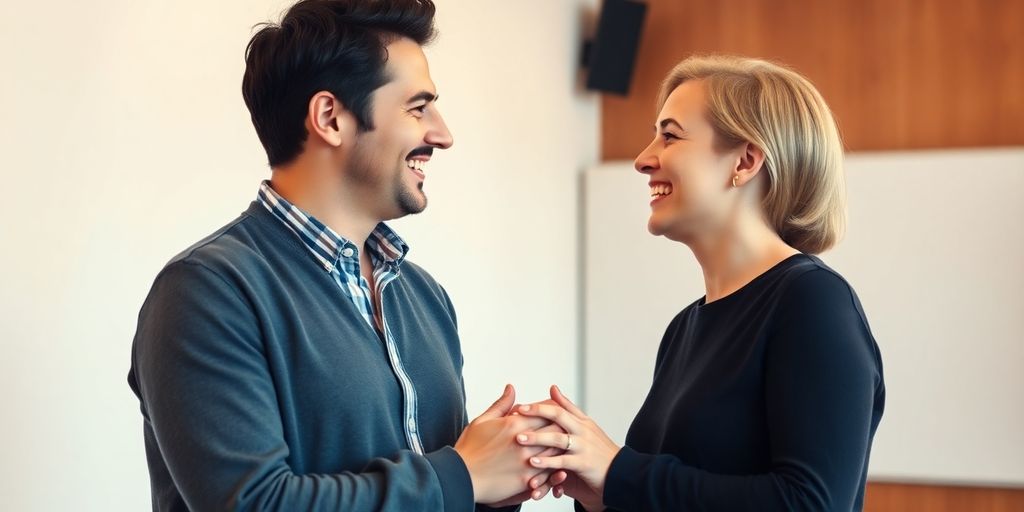 Two people smiling, hands clasped, warm light.