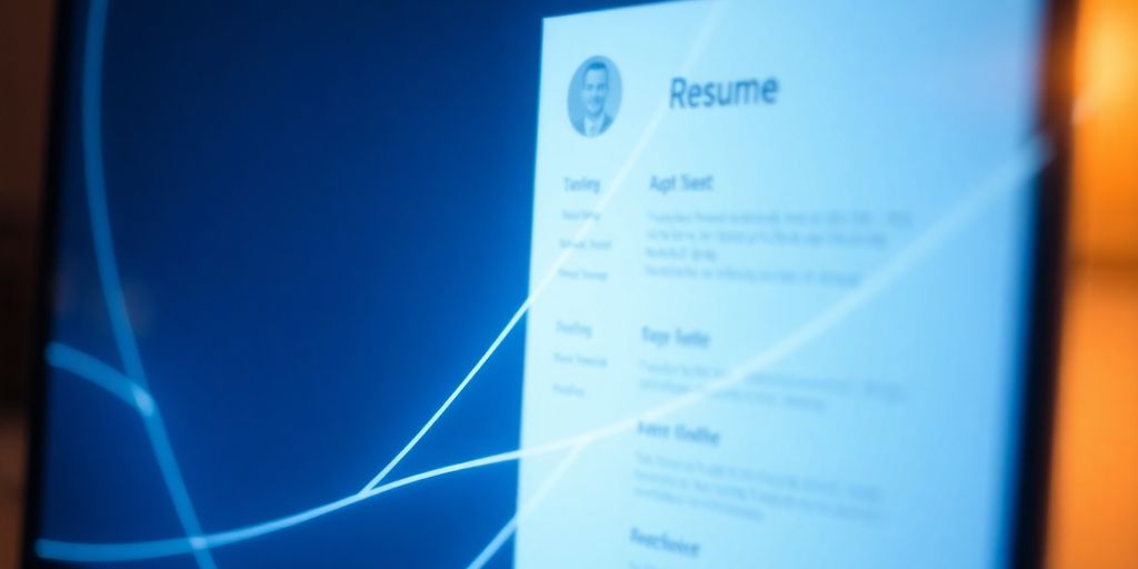 Resume on screen with glowing lines.