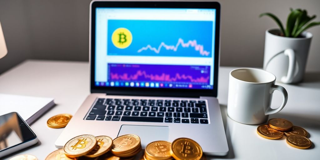 Laptop with digital wallet and Bitcoin coins on desk.