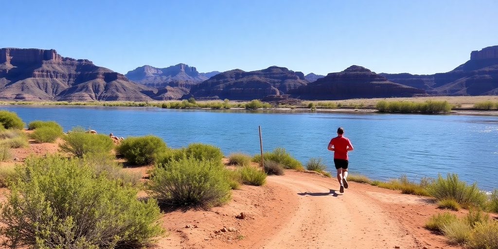 Runners along scenic Colorado River bank.