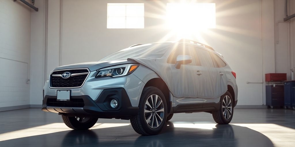 Subaru Outback parked with a warranty document.