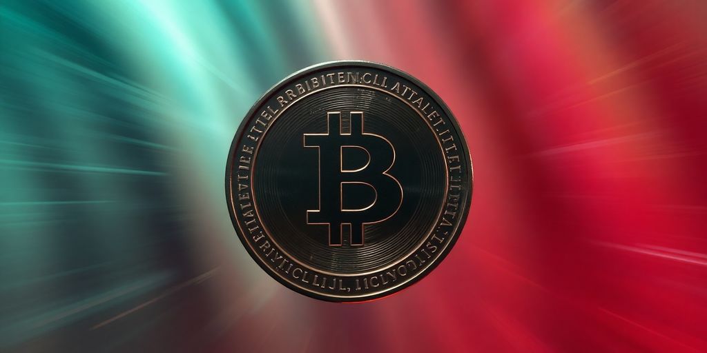 Digital coin amidst volatile market, dynamic lighting.