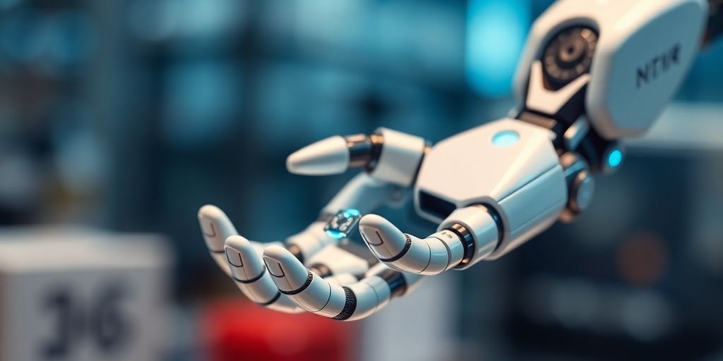 Robotic arm assembling glowing components.