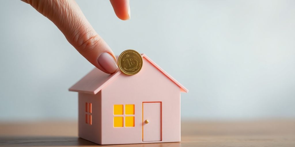 Personne versant une pièce dans une tirelire en forme de maison.