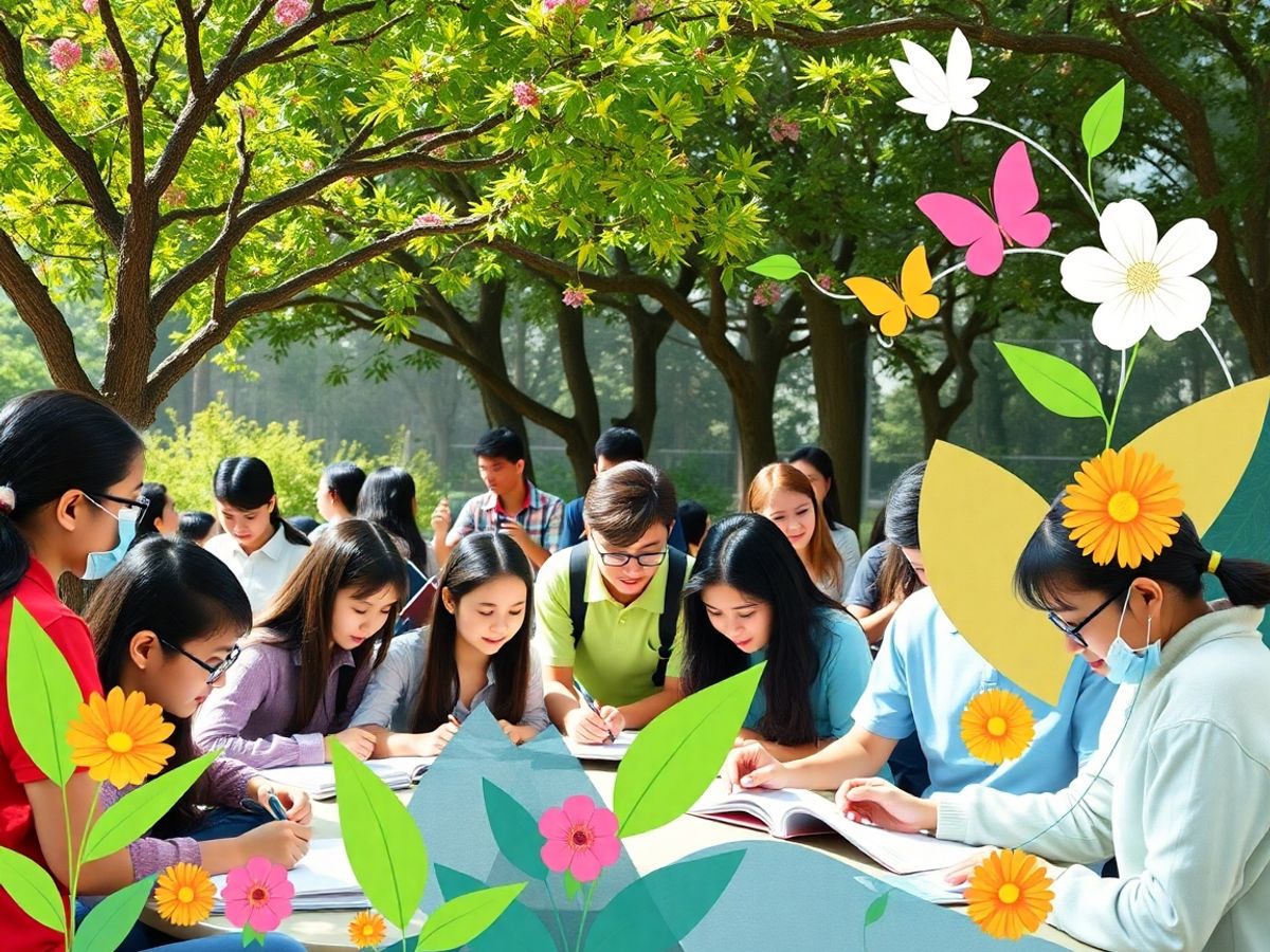 Elevi zâmbind înconjurați de natură și simboluri educaționale.