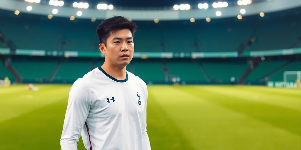 Son Heung-Min in Tottenham uniform on soccer field.