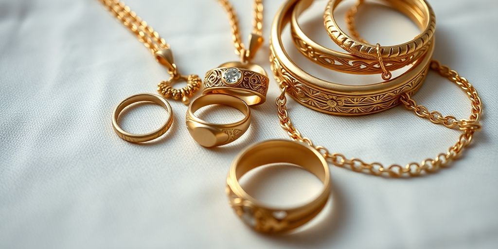 Bijoux en or sur un fond en tissu doux.