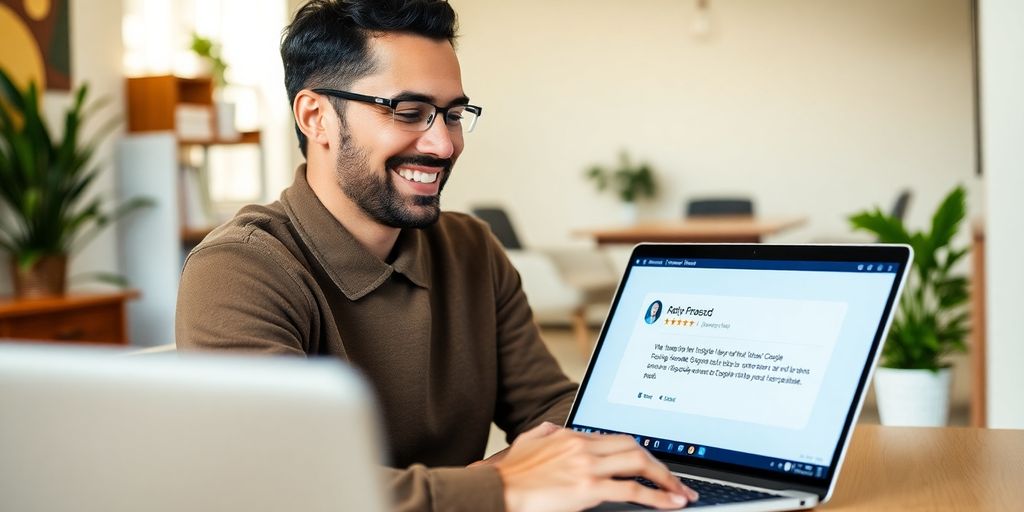 Une personne répondant à des avis positifs sur Google.