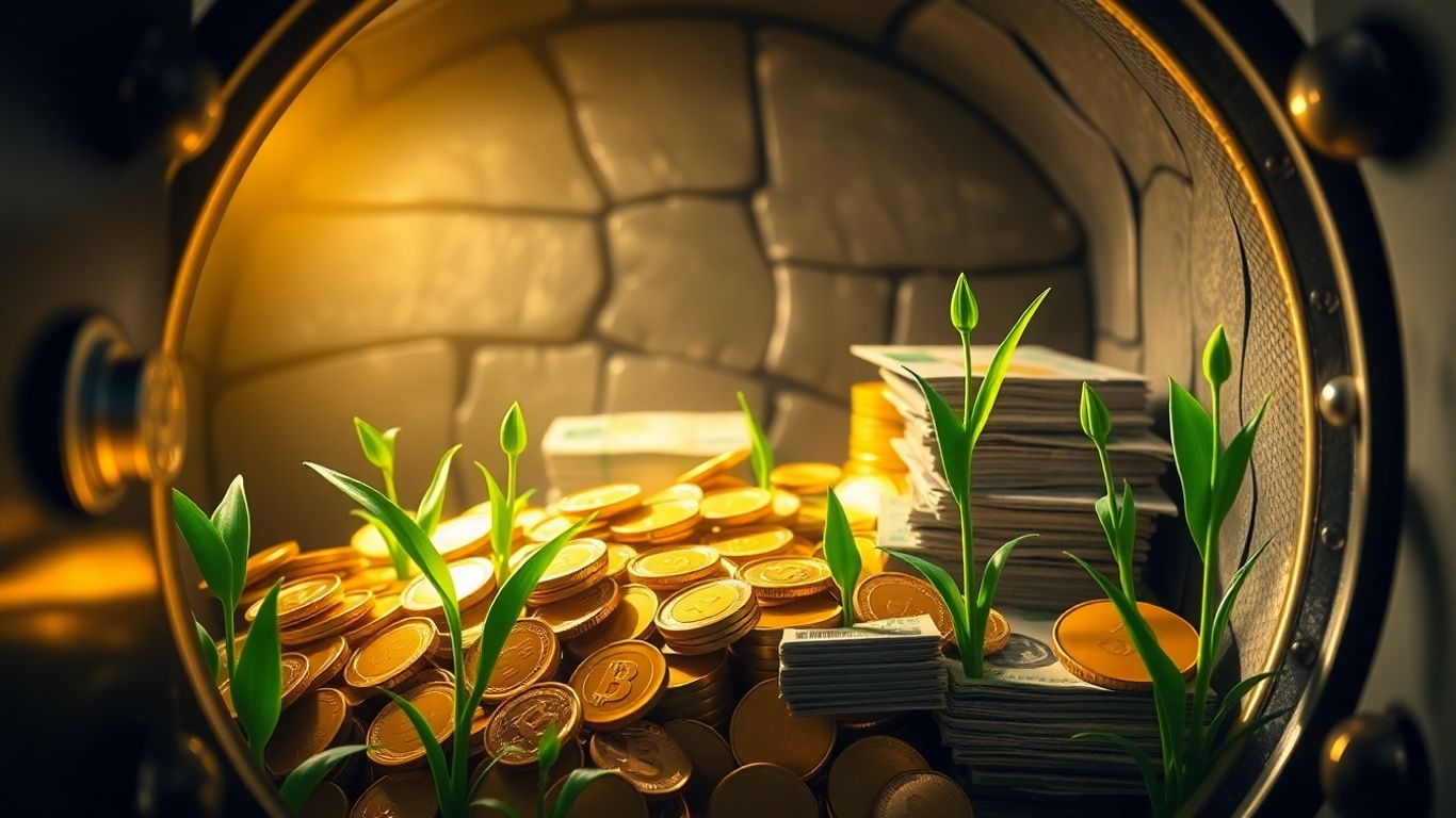 Secure vault overflowing with gold coins and banknotes.