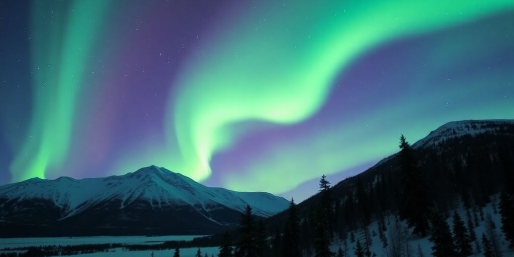 Vibrant green aurora borealis over snowy Alaskan mountains at night.