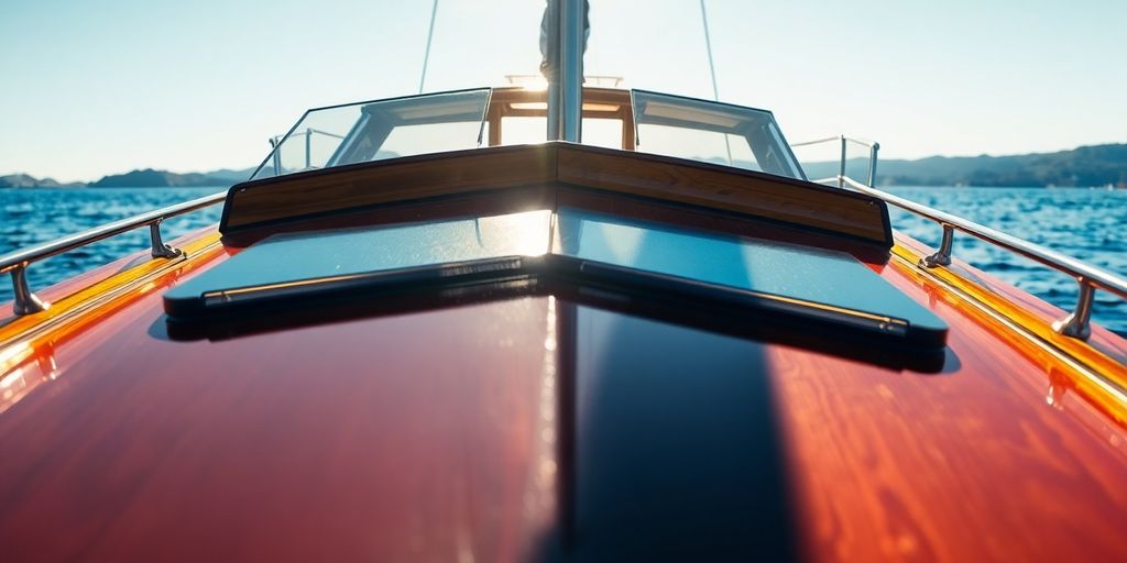 Classic wooden boat sailing calm waters.