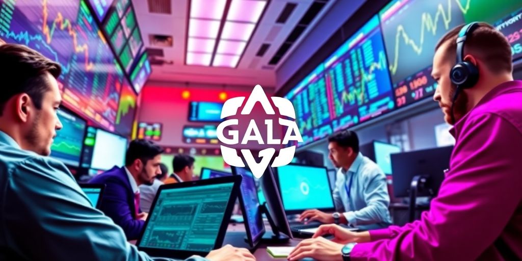 Traders collaborating in a lively cryptocurrency trading environment.
