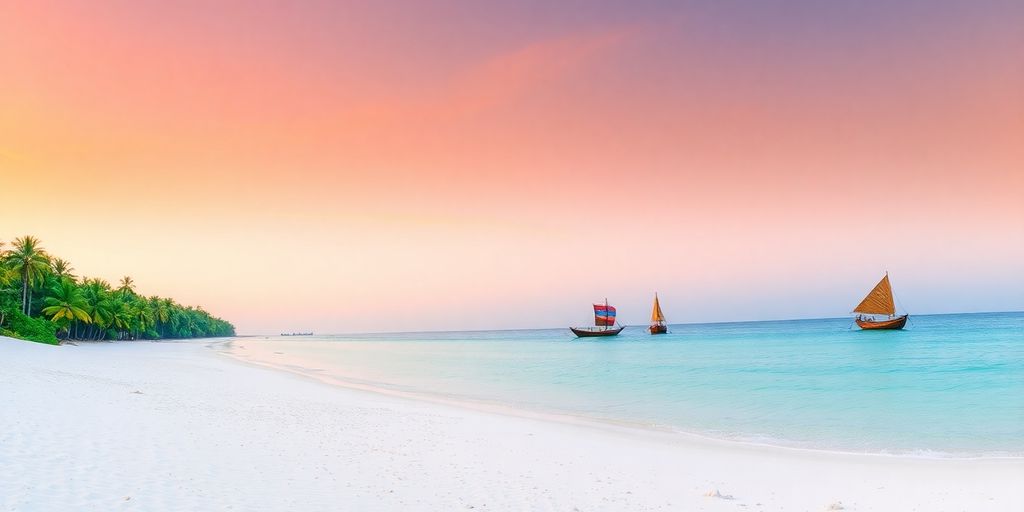 Kendwa Beach sunset with white sand, turquoise ocean, and dhows.