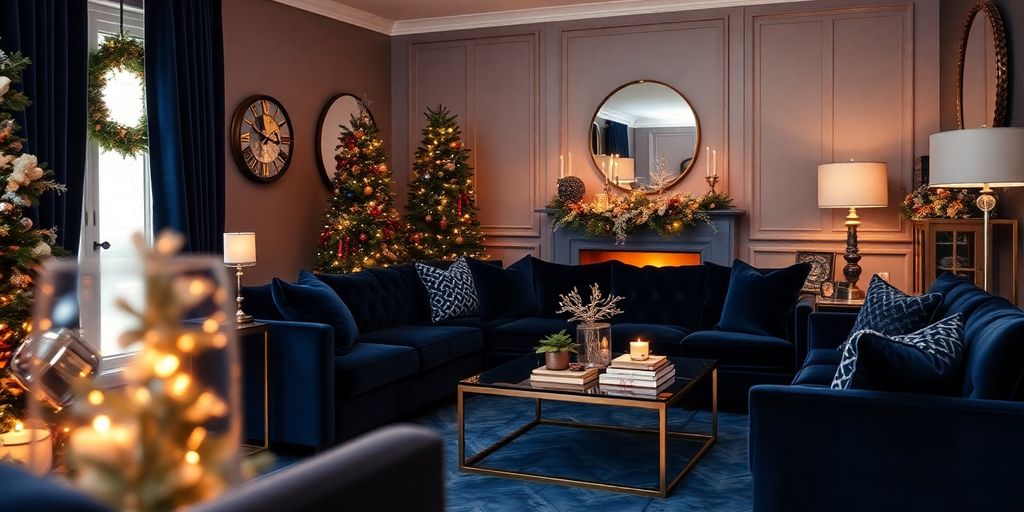 Elegant living room with navy blue accents.