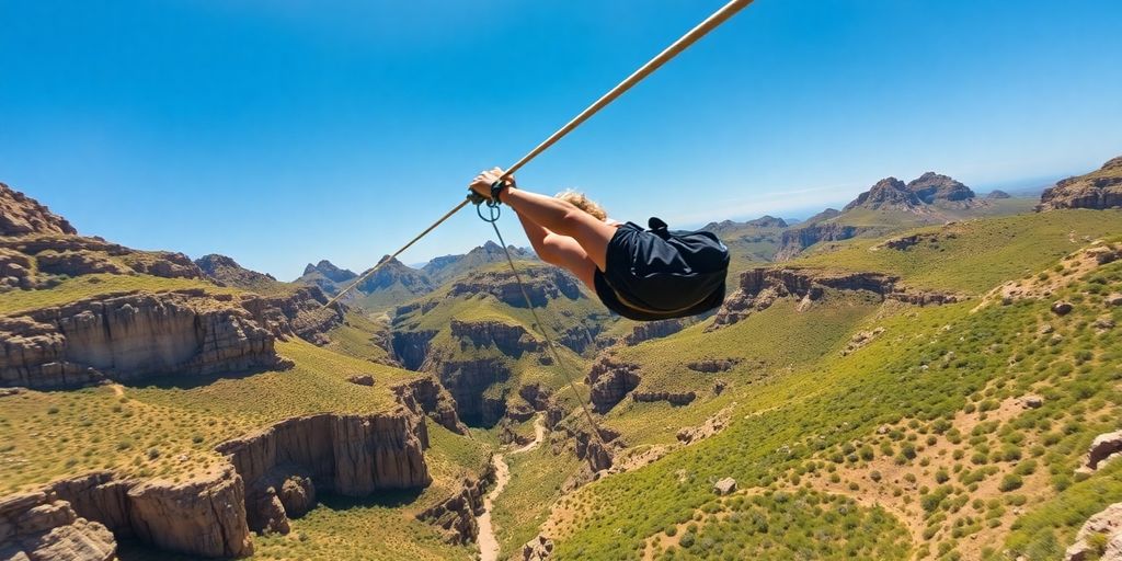 Man ziplining over lush Cabo San Lucas canyon.
