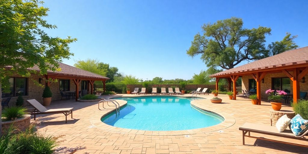 A pool deck with rustic pavers and vibrant summer decor.