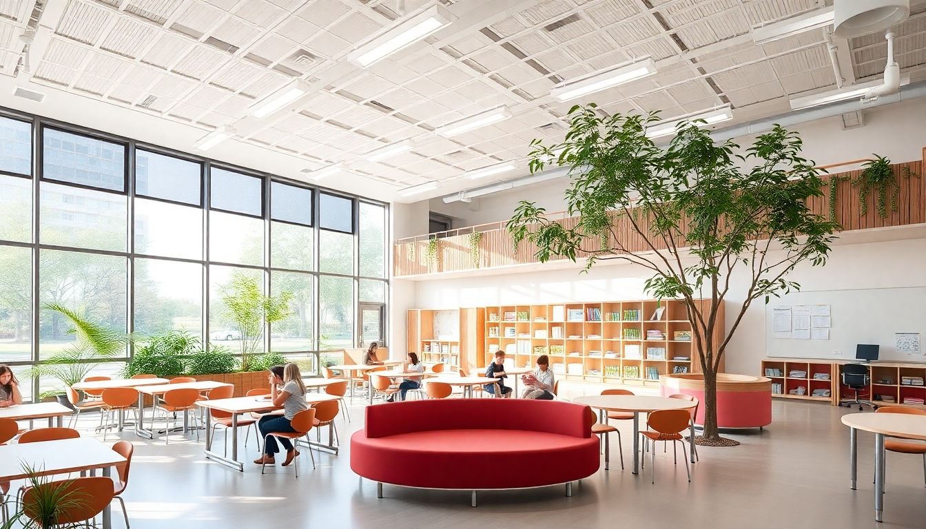 Bright, modern school interior with comfortable seating and greenery.