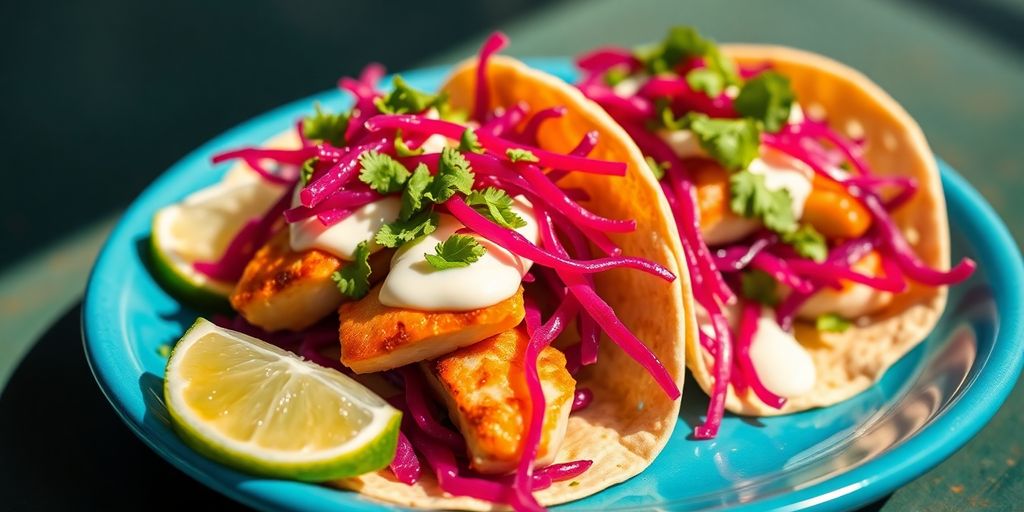 Delicious, colorful seafood tacos on a vibrant blue plate.