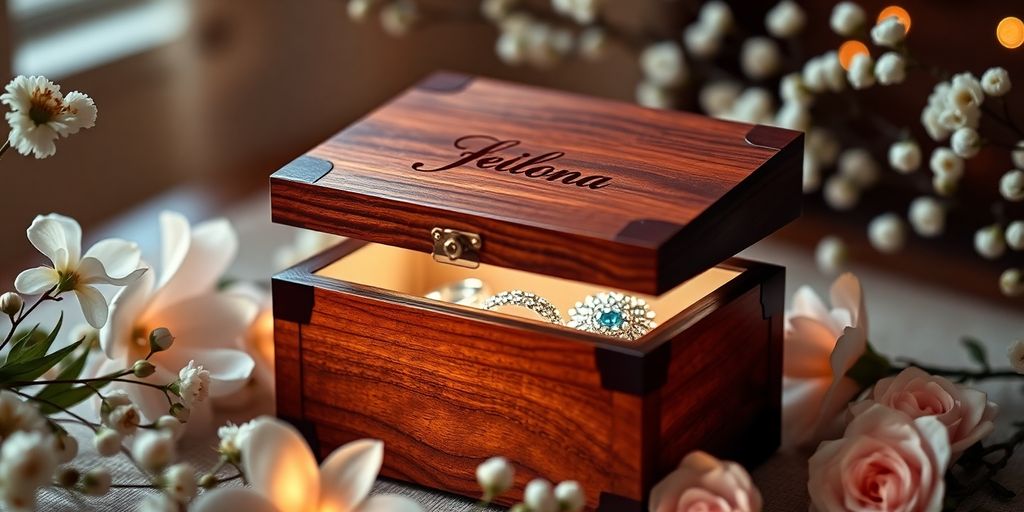 Personalized jewelry box with open lid and jewelry inside.