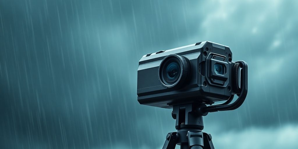 Outdoor camera in stormy weather with dark clouds.