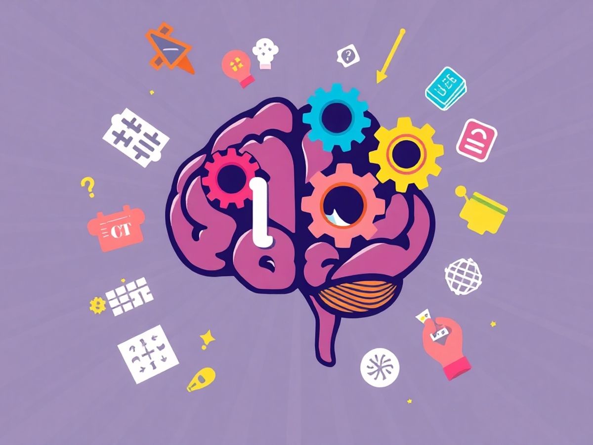 Illustrative brain with gears and IQ test icons.