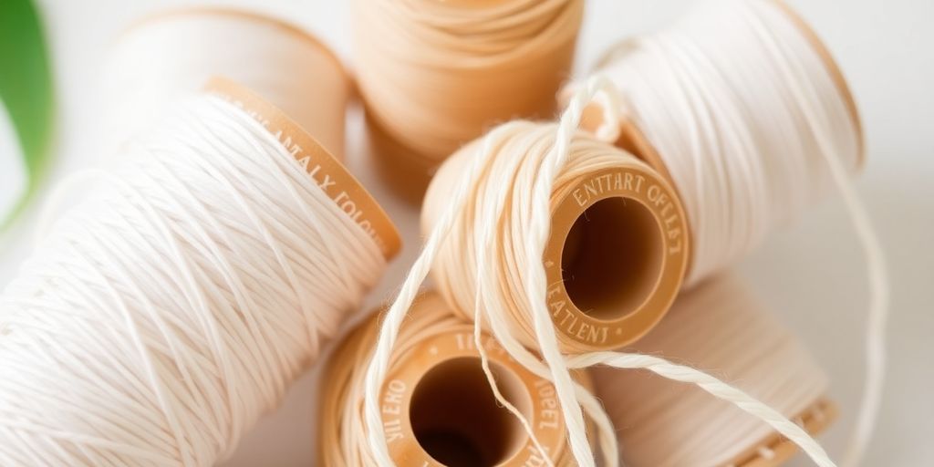 Eco-friendly dental floss spools and strands.