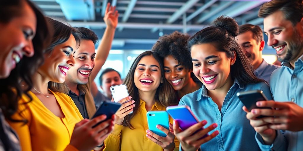 People engaging on social media with smartphones in a lively setting.