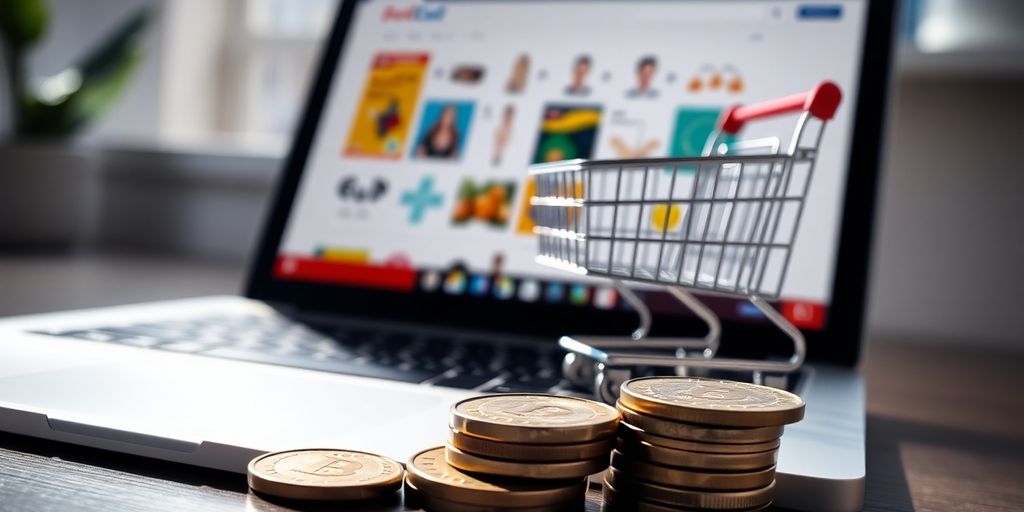 Laptop con carrito de compras y monedas de euro.