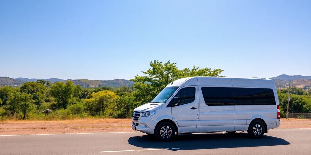 Modern white shuttle van parked on a road in sunny Tanzania.