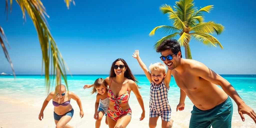 Family on a sunny beach, clear water, palm trees.