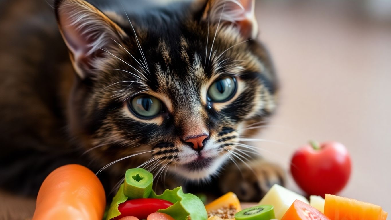 Gato experimentando alimentos saudáveis e variados.