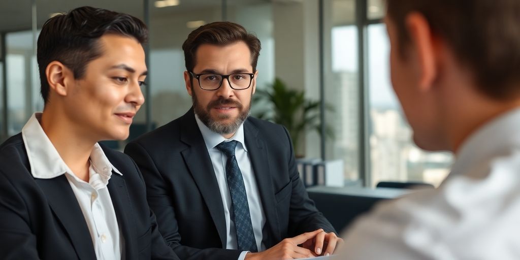 Lawyer consulting with a client in an office.