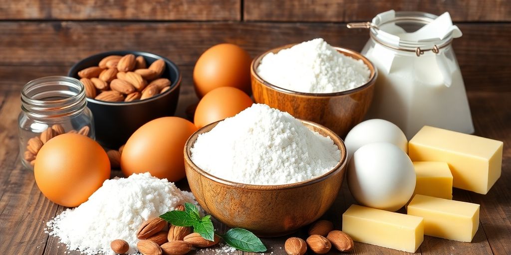 Ingredients for almond tea bread on a wooden surface.