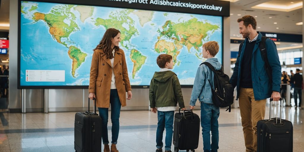 Family at airport looking at world map