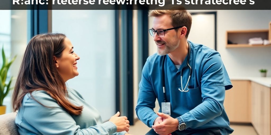 Interação entre profissional de saúde e paciente em clínica.