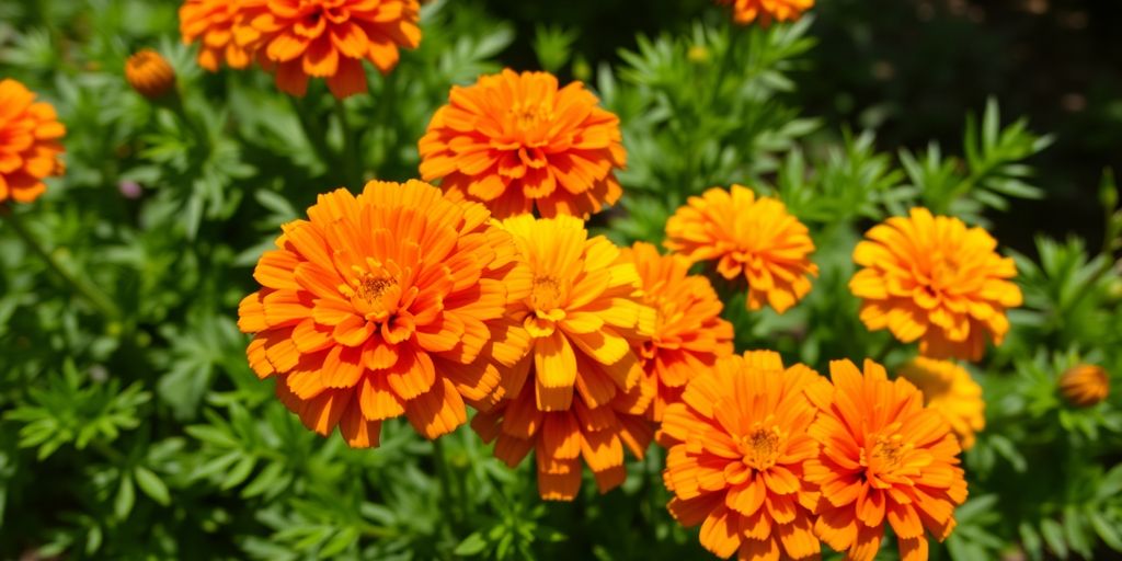 Bunte Ringelblumen im Garten mit grünem Hintergrund.