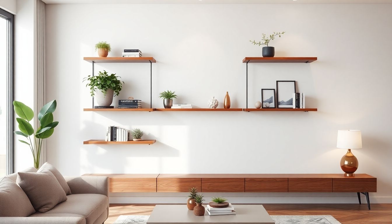 Elegant floating shelves with plants and books.