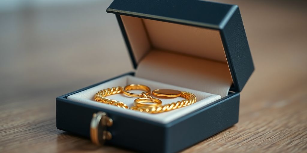 Boîte à bijoux fermée avec bijoux en or à l'intérieur.