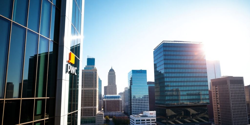 PwC office building with Dallas skyline.