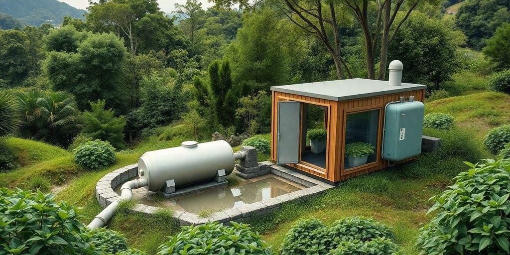 Eco-friendly off-grid sewage system in green landscape.