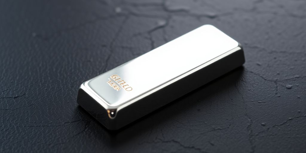 Lingot d'argent brillant posé sur une surface sombre.