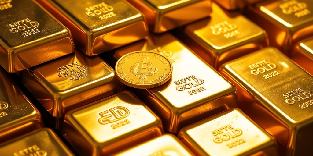 Lingots d'or empilés avec des pièces anciennes.