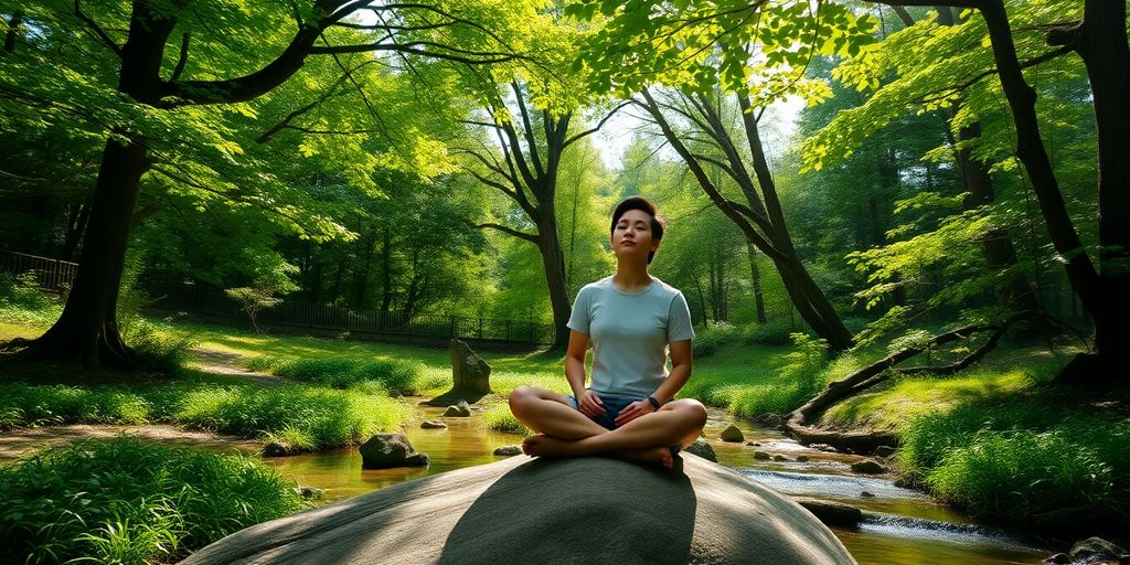 Person meditating outdoors, surrounded by nature.