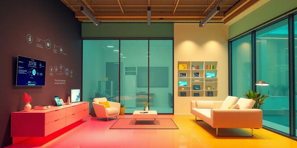 Futuristic home and business with advanced technology devices.