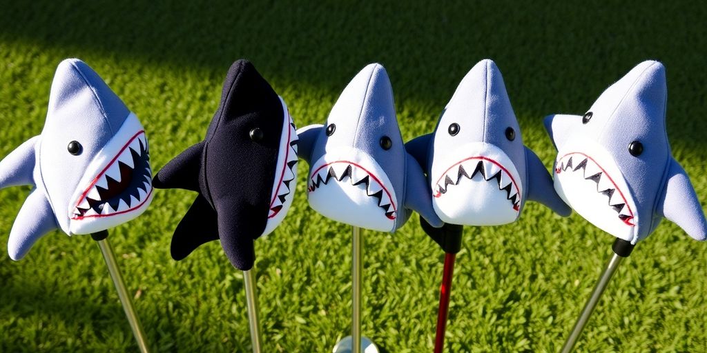 Shark headcovers on golf putters.
