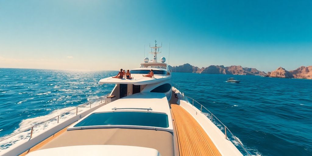 Luxury yacht sails Pacific waters near Cabo San Lucas.