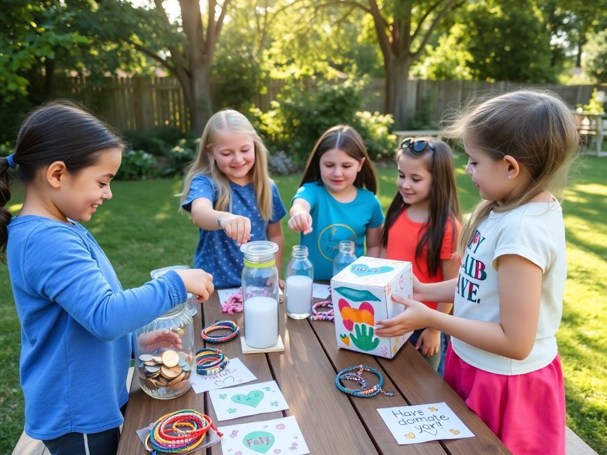 Copii zâmbind în jurul mesei cu colorate borcane de donații.